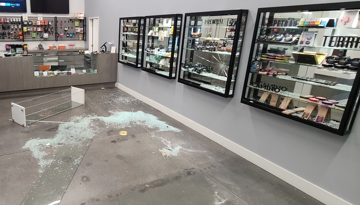 Image shows damage at Blunts and Moore cannabis store