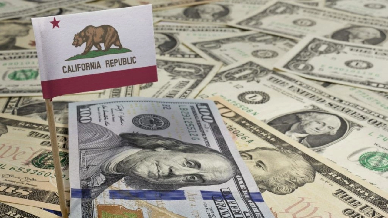 Image of a California flag amid U.S. dollars