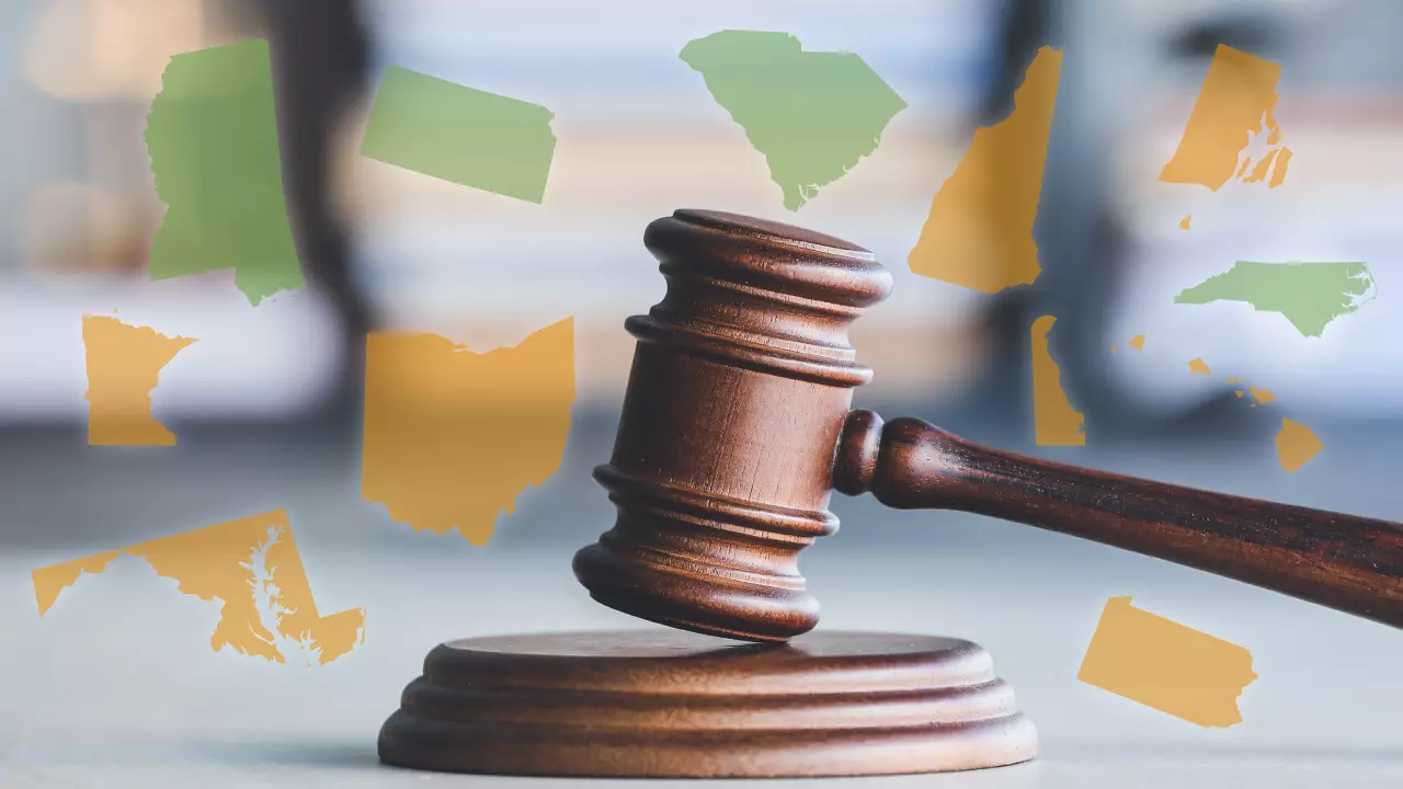 Image of a legislative gavel in front of a U.S. map