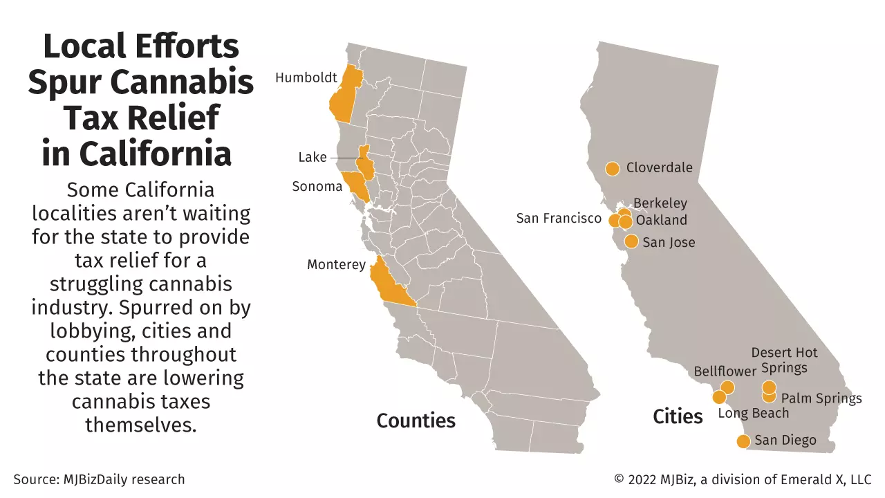 A map showing California localities that are providing tax relief for the cannabis industry.