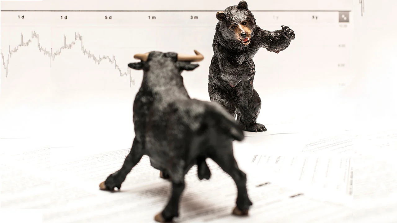 stocks chart showing bear and bull facing off