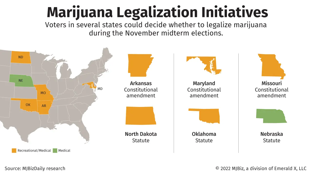 A map showing where voters in several states could decide whether to legalize marijuana.