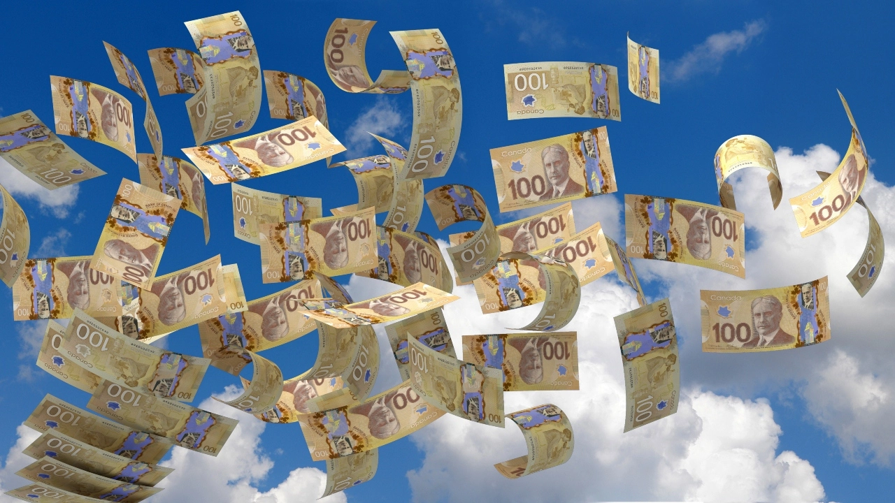 Image of Canadian money flying in the sky