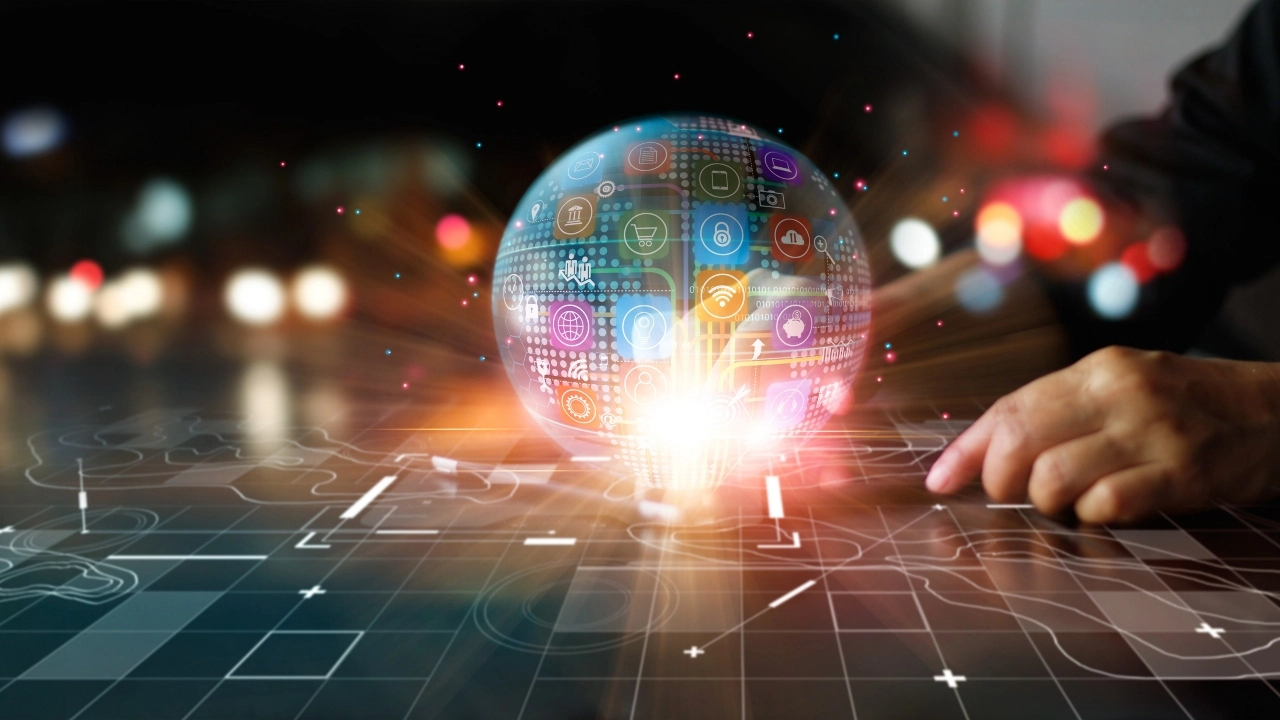 Image of a businessperson touching a global business network