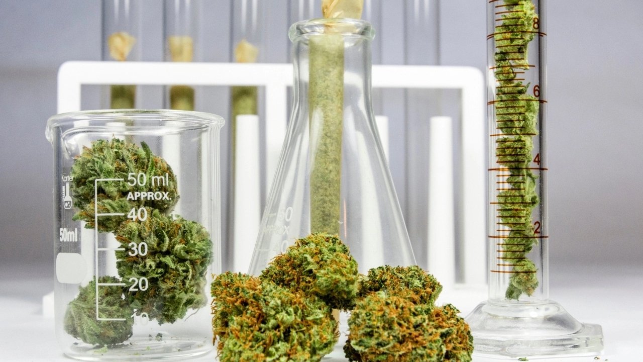 Image of various testing glassware containing cannabis flower