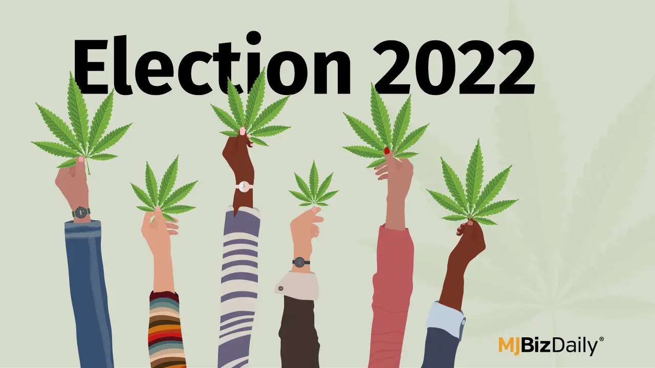 Image of 6 extended arms holding cannabis leaves under the headline Election 2022