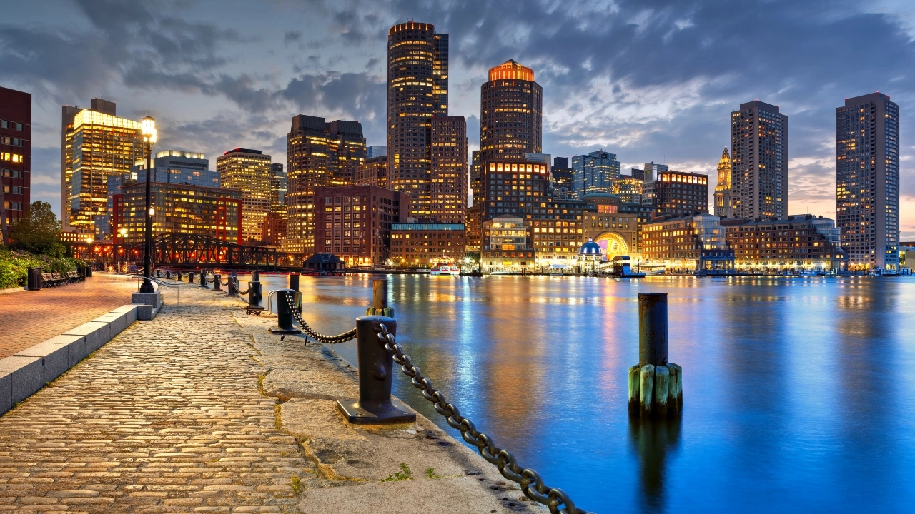 Image of downtown Boston skyline at night