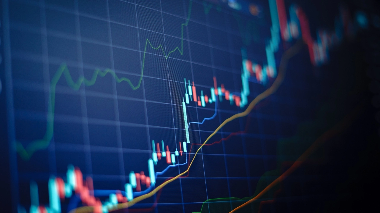 Image of a financial chart with uptrend line candlestick graph in stock market