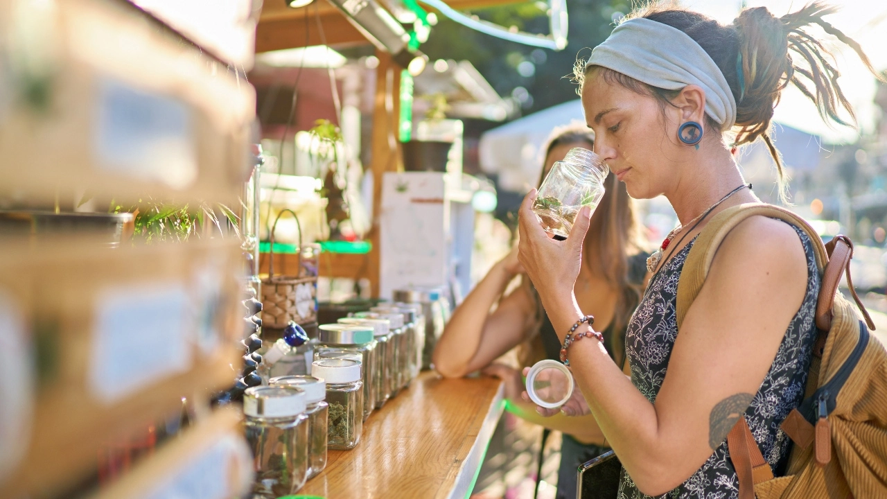 Image of a female shopper smelling cannabis in a jar