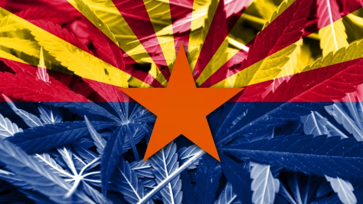 Image of Arizona state flag with background of cannabis leaves