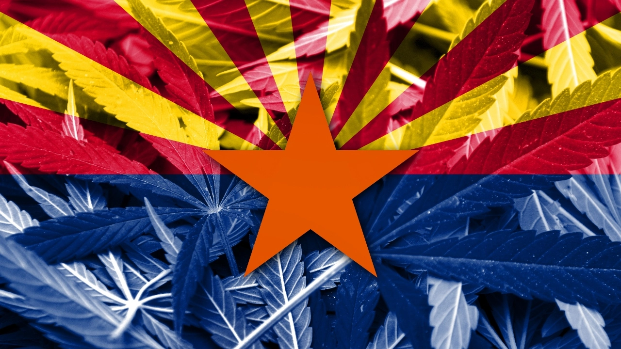Image of Arizona state flag with background of cannabis leaves