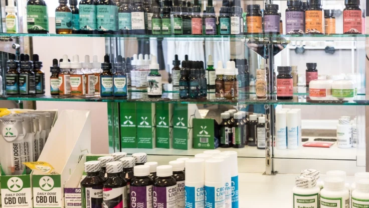 Retail shelves displaying hemp-derived products that do not contain THC