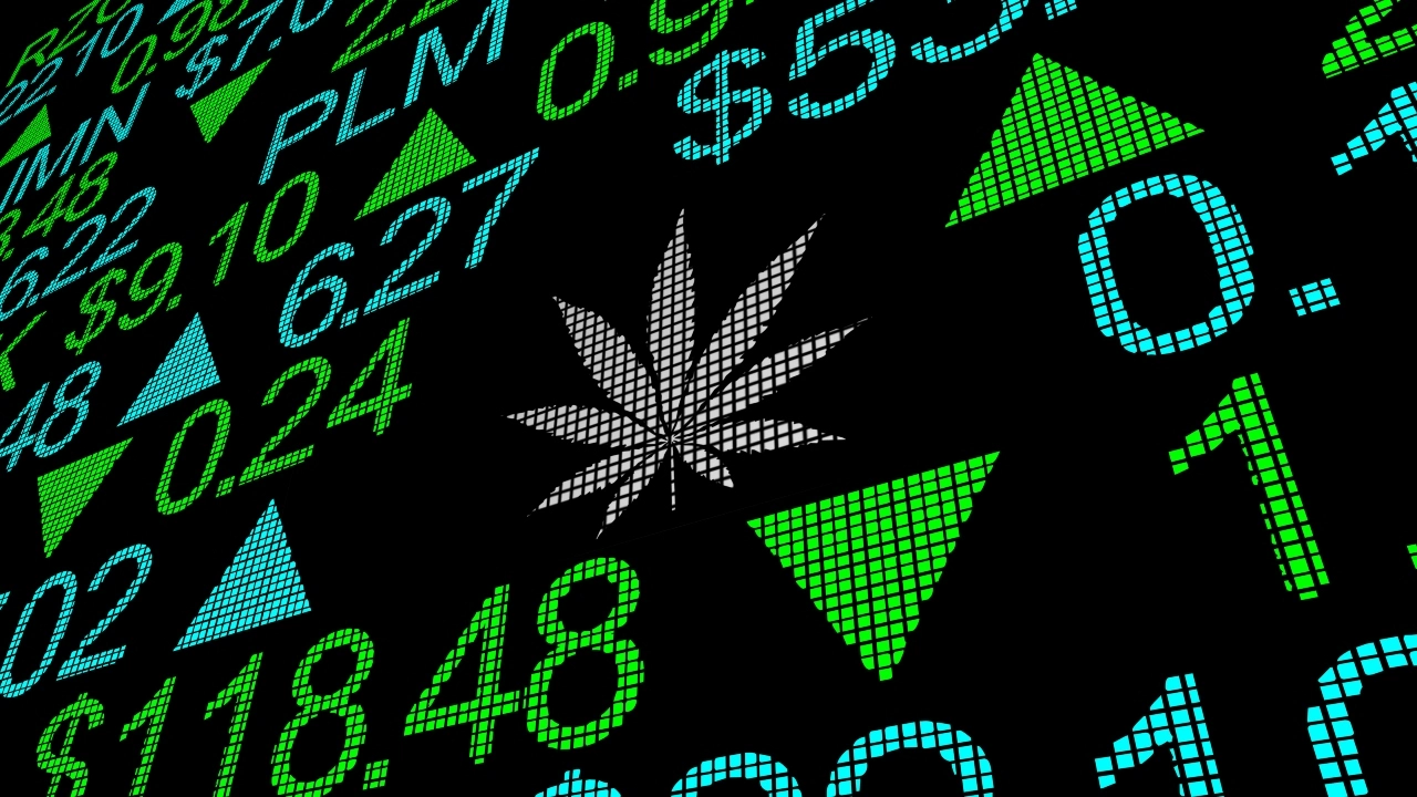 Image of a stock exchange board with a cannabis leaf in the middle