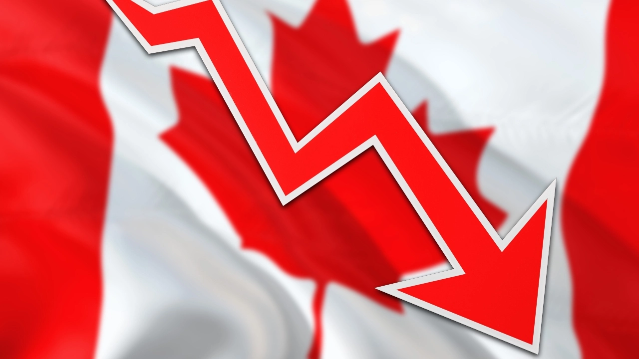 Image of an arrow designating a decline emblazoned on the Canadian flag