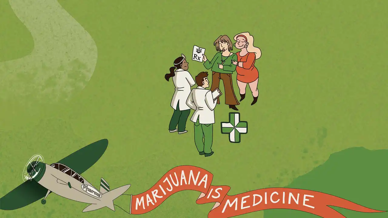 Illustration of consumers consulting medical providers about a marijuana prescription