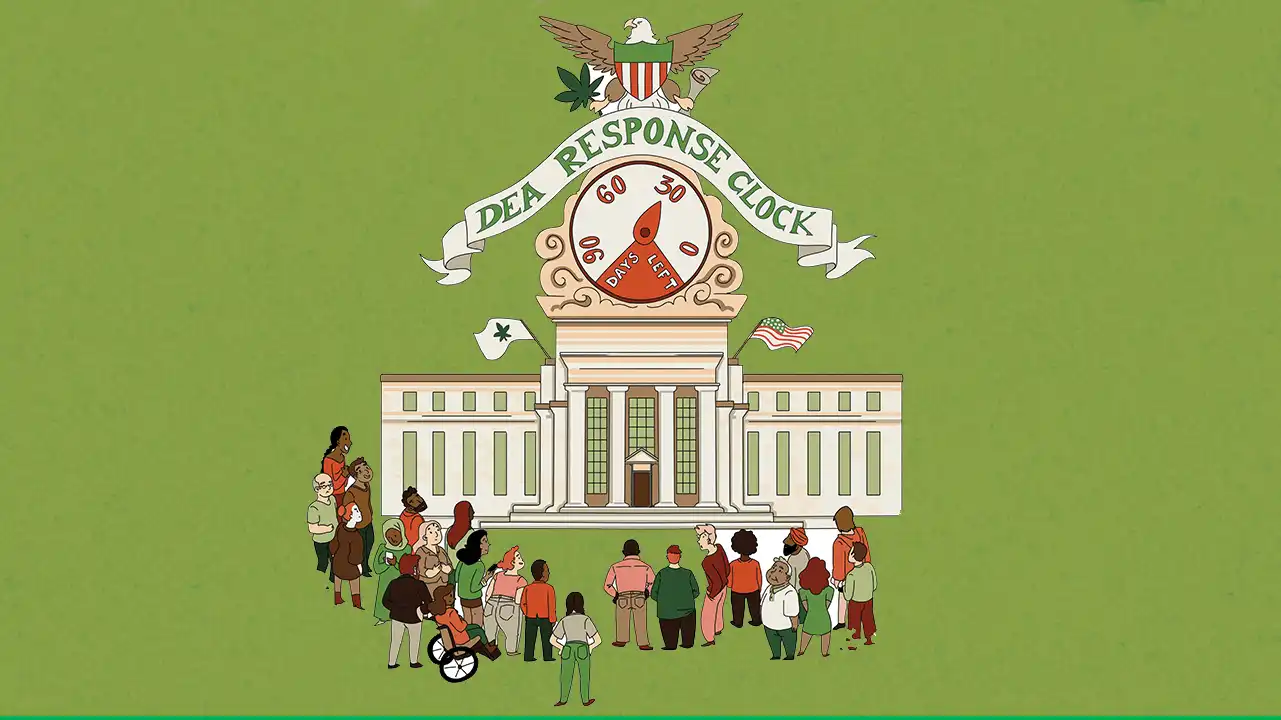 Illustration of a crowd waiting for the DEA to respond to a cannabis rescheduling recommendation