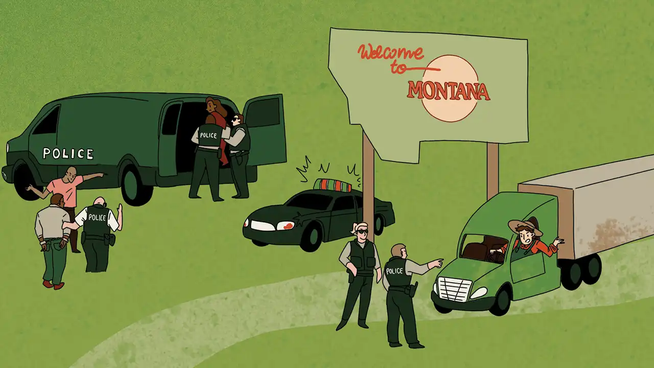 Image of police stopping a commercial truck at the state line