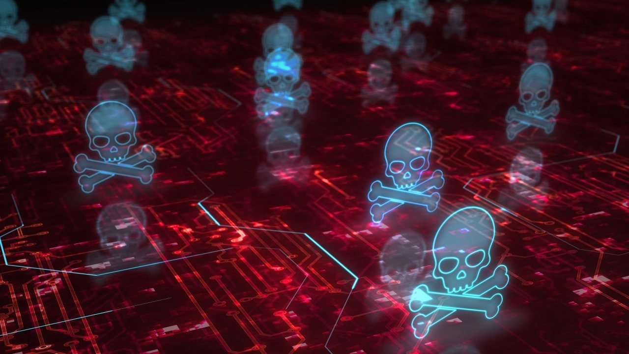 Image of multiple skull and crossbones with blue tinting hovering above red circuitry