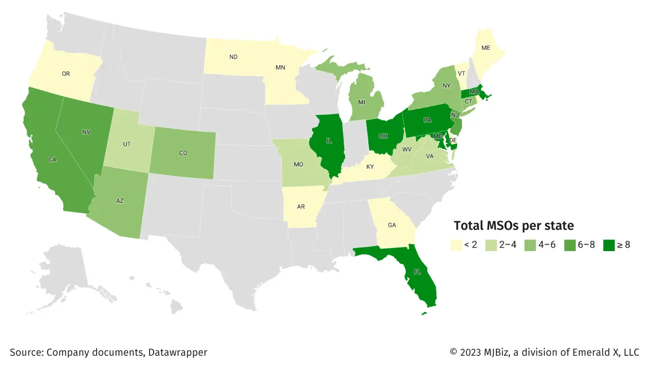 A map showing the total cannabis MSOs by state.