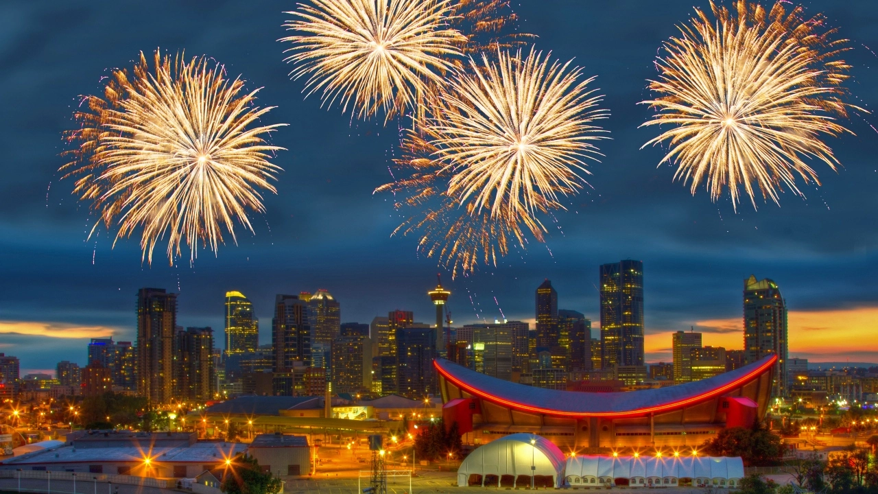 Image of fireworks over downtown Calgary, Alberta, Canada