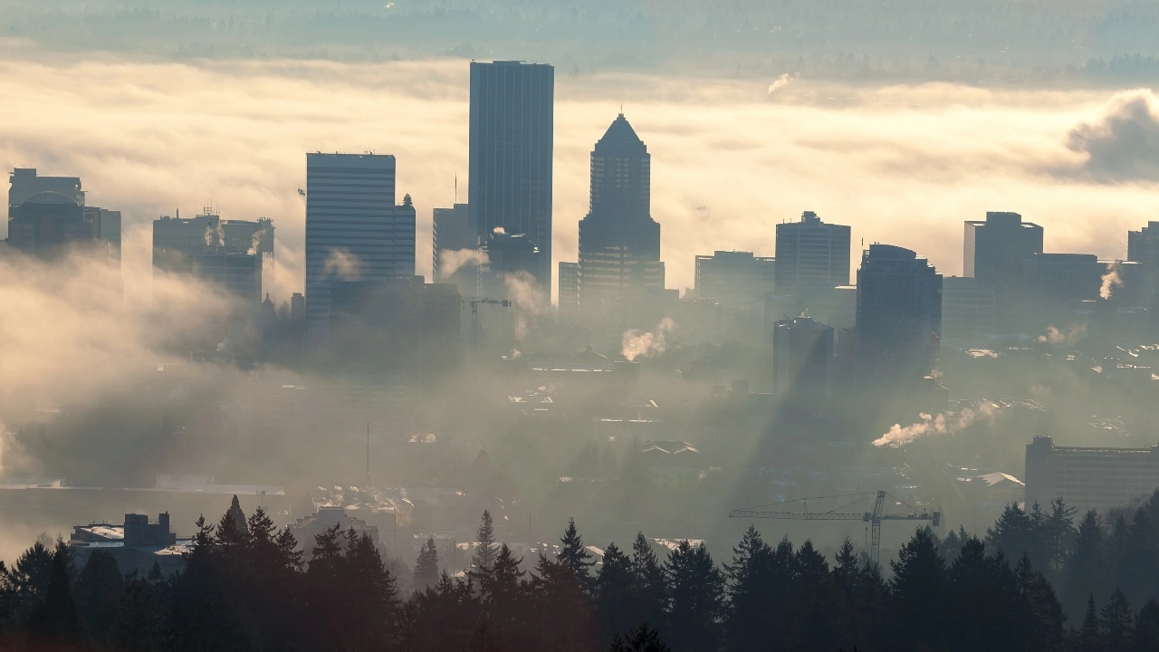 Image of Portland, Oregon, skyline on a foggy morning