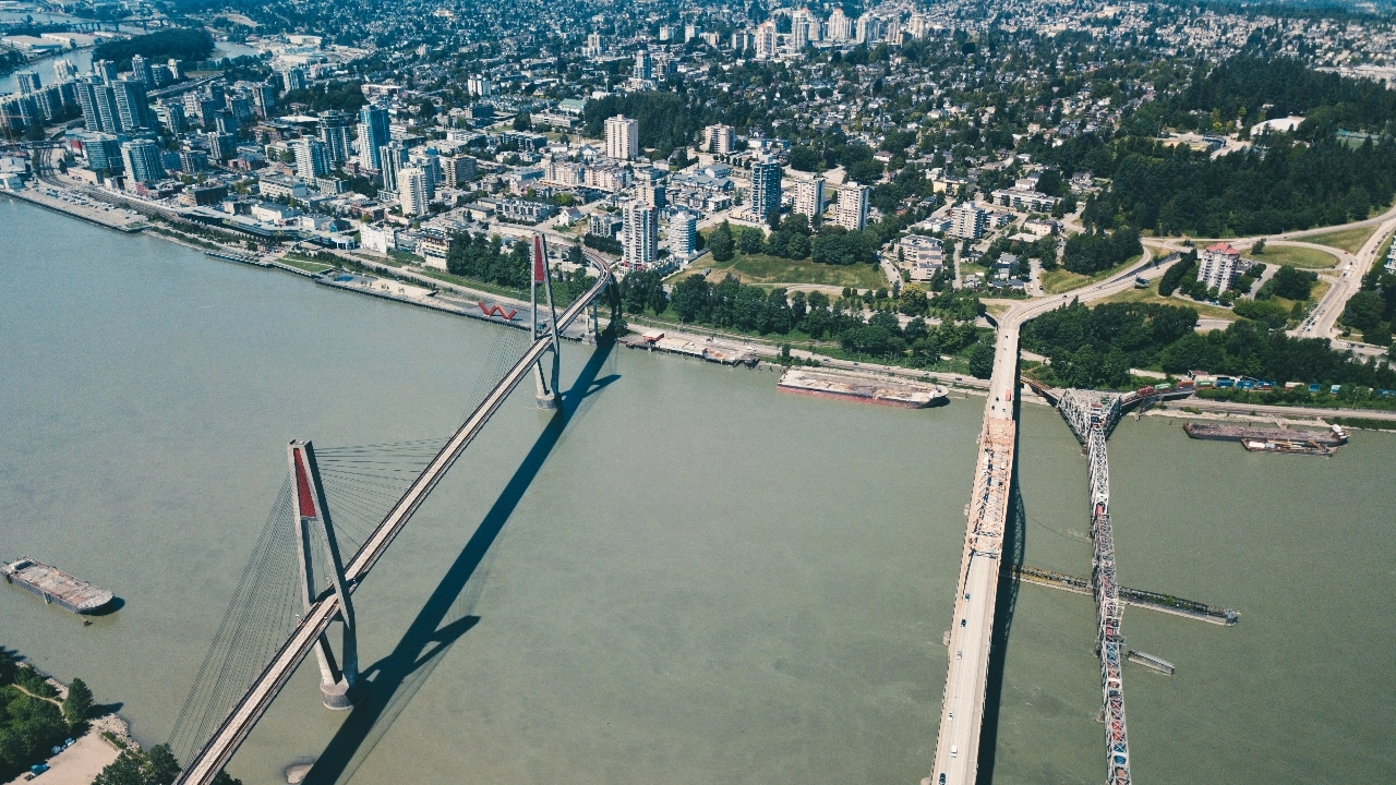 Aerial image of Surrey, British, Columbia, bridges