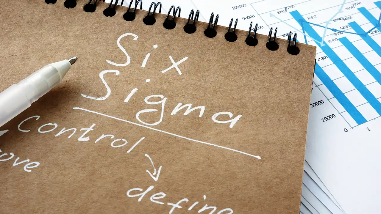 Image of notebook with Six Sigma manufacturing principles.