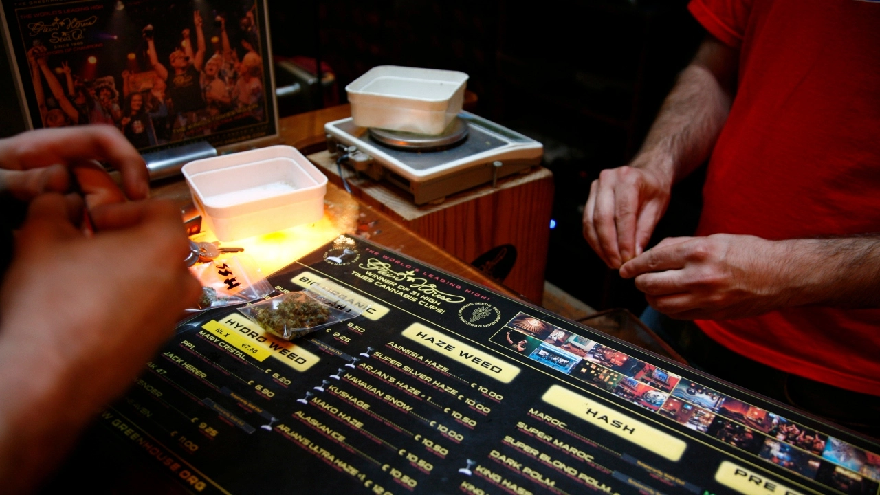 Image of a cannabis transaction at a coffee shop in Amsterdam