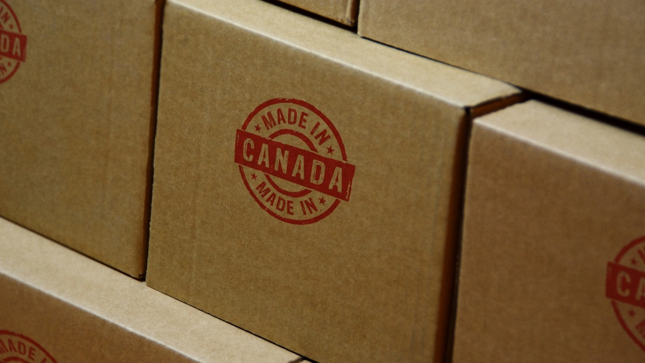 Image of stacked boxes stamped with Made in Canada