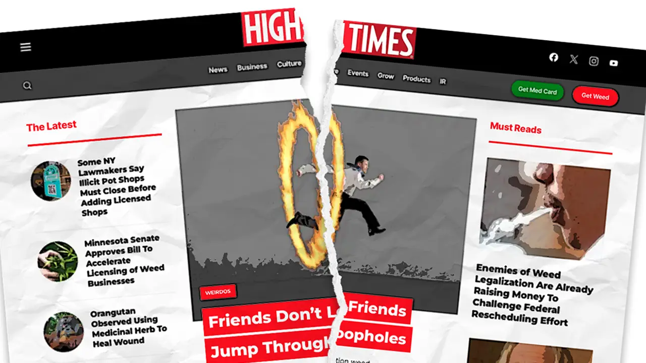 Photo illustration of High Times' website with a crack down the middle