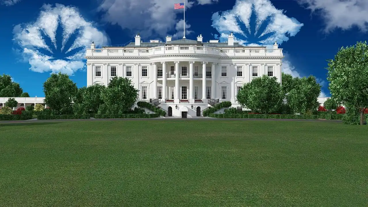Image of White House in front of sky with cannabis leaves